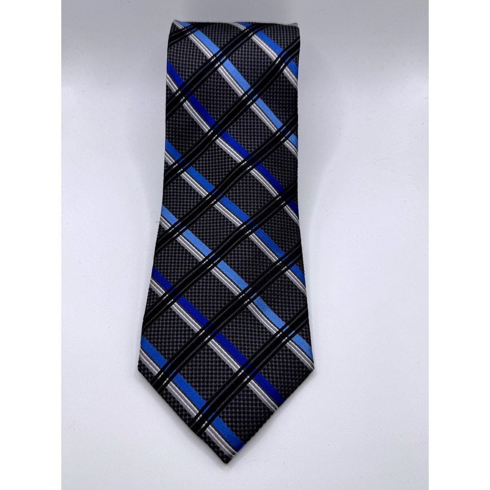 Pronto Uomo Platinum Mens Silk Tie Blue‎ Grey Black Plaid Hand Made Necktie